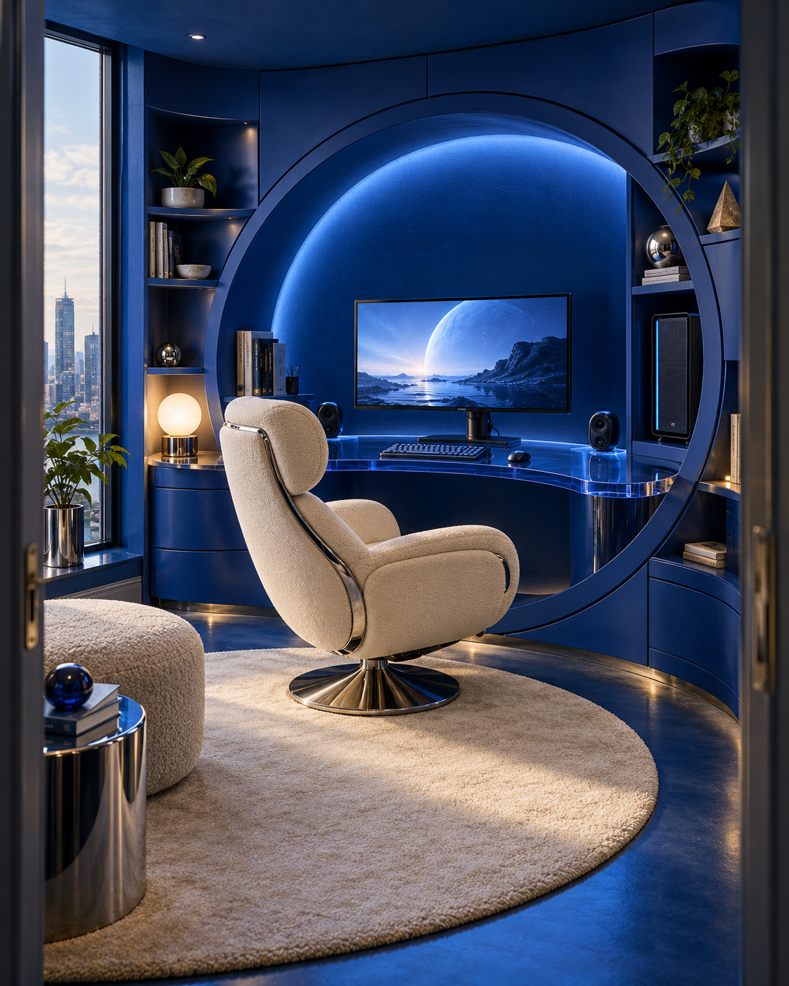 Cobalt-blue gaming room with a circular wall alcove, transparent curved desk, single monitor and cream lounge chair