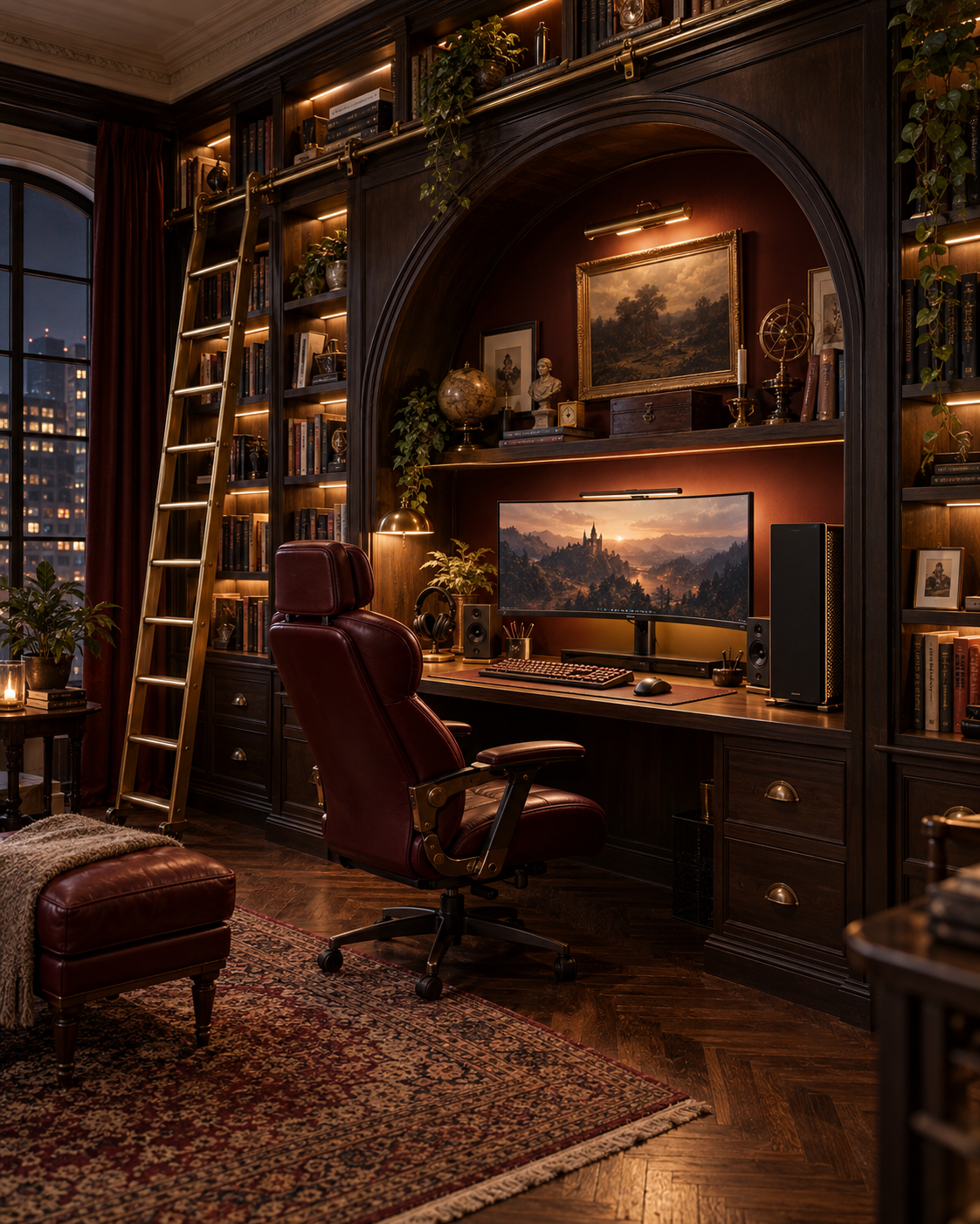 Dark-academia gaming library with an arched desk alcove, ultrawide monitor, oxblood leather chair and illuminated timber bookshelves